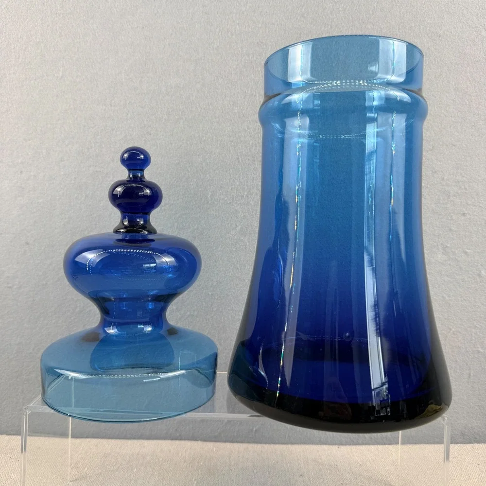 Vintage Empoli Style Italian Blue Glass Apothecary Jar with Lid MCM 14" Italy - Picture 2 of 9